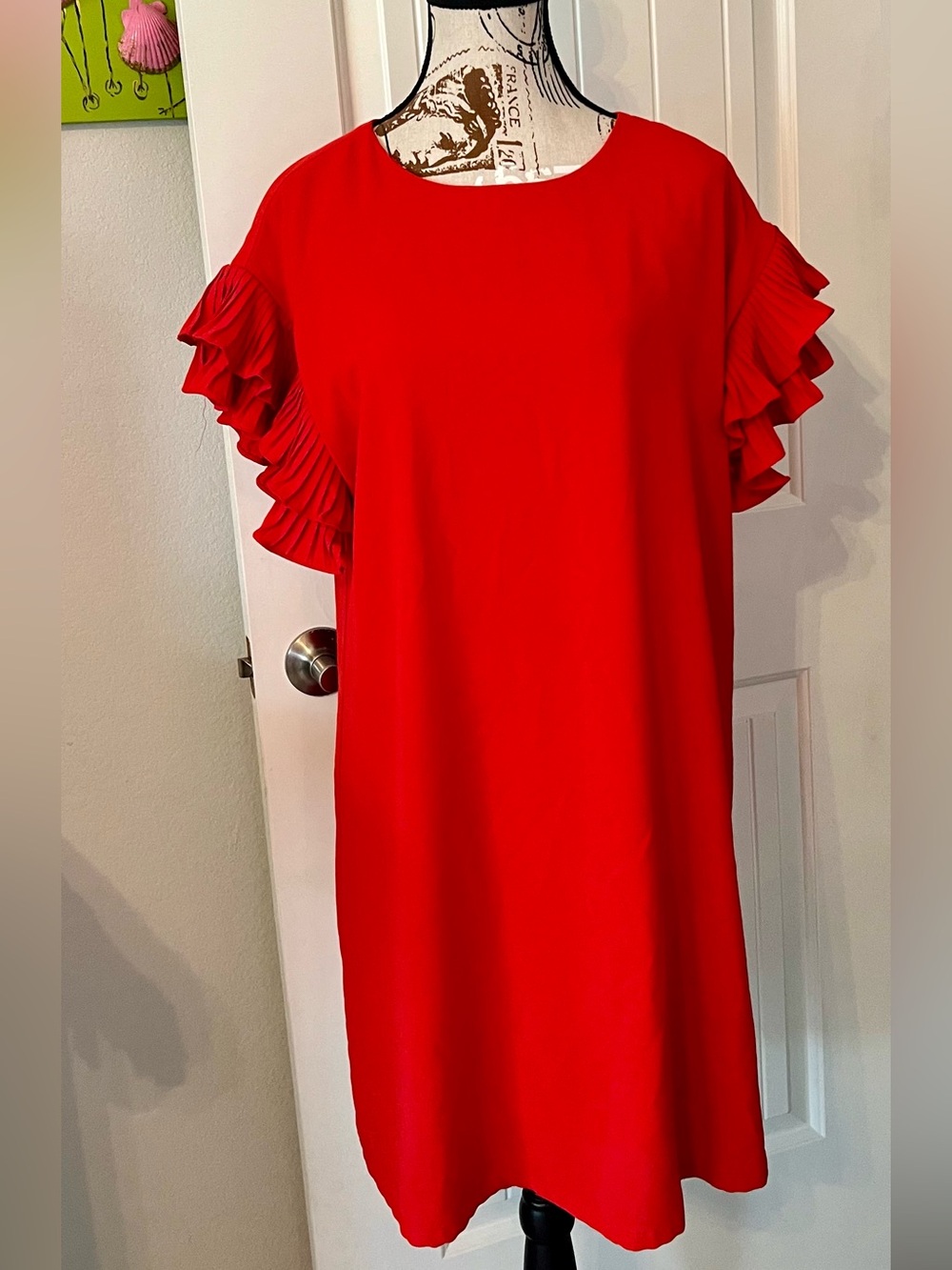She + Sky Red Flutter Sleeve Shift Dress Pleated Ruffle Sleeves Large